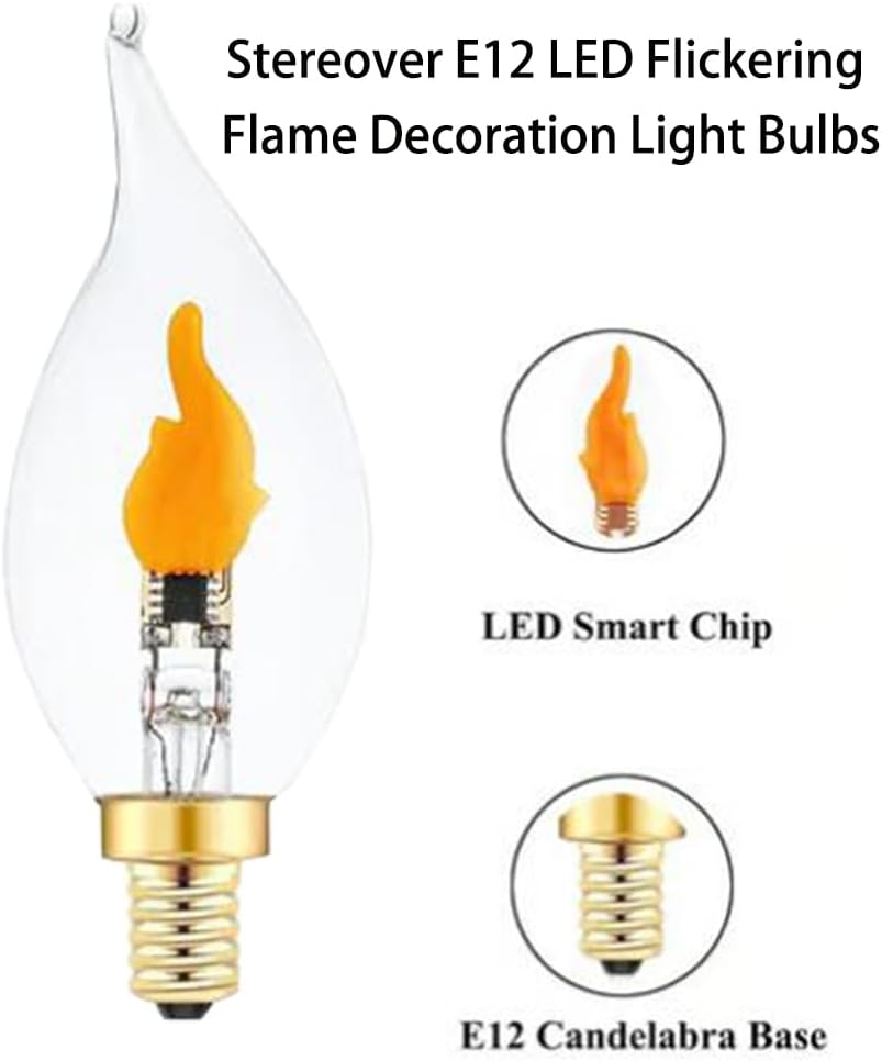 Stereover E12 LED Flickering Flame Decoration Light Bulbs, Stereover Flicker Bulb, E12 Flickering Flame Light Bulbs - Realistic Blaze Effect, Perfect Ambiance for Halloween, Christmas (8 Pack)