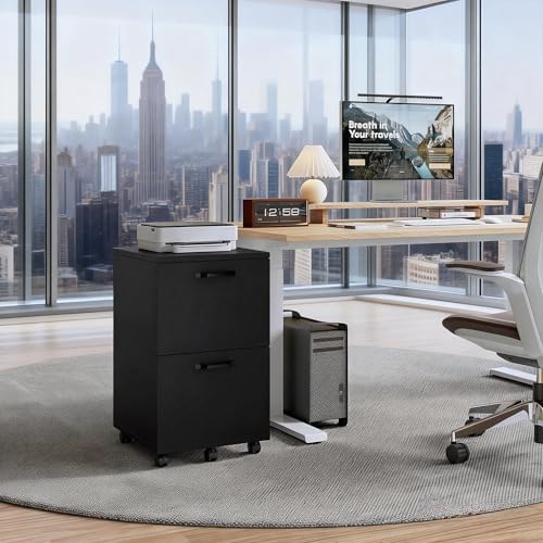 2 Drawer Filing Cabinet, Wood Rolling Filing Cabinets with Printer Stand, Under Desk Storage Lockable Wheels, Home Office Organizer for A4 Letter Legal Size Documents,Black - Image 7