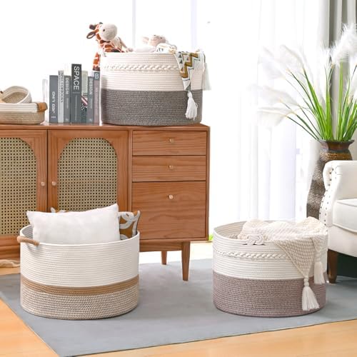 67L Large Blanket Basket, 20"x13" Woven Storage Baskets With Handle, Cotton Rope Blanket Basket Living Room, Baby Laundry hamper for Blanket, Nursery, Toy, Pillow (White & Oatmeal) - Image 6
