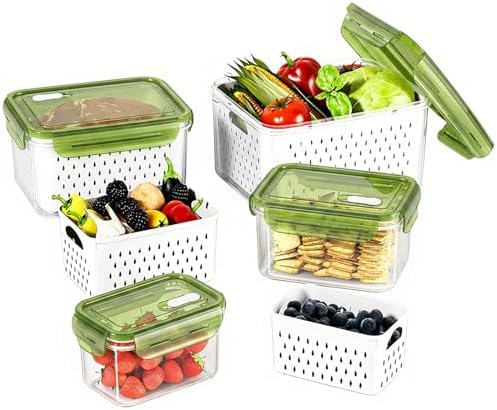 Fruit Storage Containers for Fridge with Removable Colander, Food Storage Containers with Lids, Dishwasher & Microwave Safe, Keep Berry Fruit Vegetable Meat Fresh Longer (Clear Body/Green Lid) by Unknown