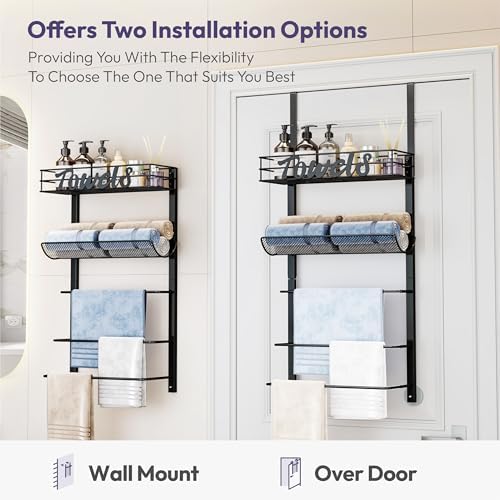 SWTYMIKI Over the Door Towel Racks for Bathroom - 5-Tier Wall Mounted Bathroom Towel Storage Organizer Holder with Metal Shelf, Black - Image 2