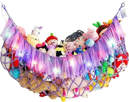 Large Stuffed Animal Net or Hammock with Led and Mesh Ribbon Wall Hanging Toy Net for Stuffed Animals Creative Stuff Animal Storage Ideas Macrame Toy Hammock Stuffed Animal Hammock-Purple by Amdermi
