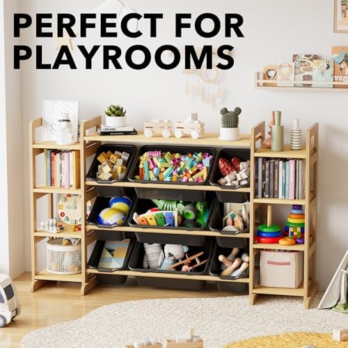 SpaceAid Large Toy Storage Organizer 9 Shelves 9 Bins, Toy Organizers Storage Bookshelf, Kids Bin Shelf Toys Box Bookcase for Bedroom Playroom Organization Room Decor, Neutral Gray - Image 5