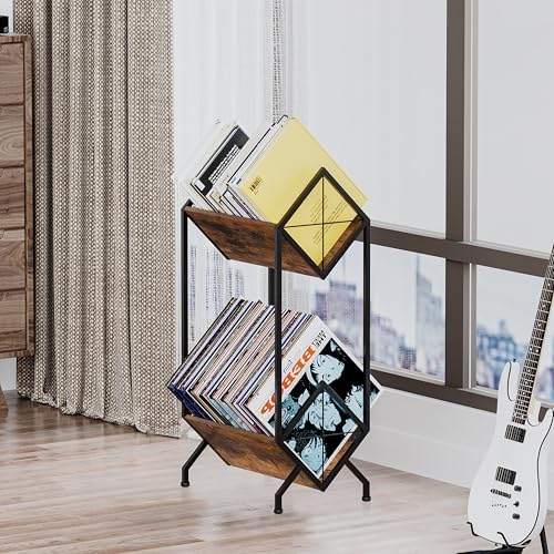 YINMIT Vinyl Record Holder, 160-200 LP Vinyl Record Storage Rack, Quick Assembly, Retro Style Organizer for Magazine, Book, Files, Albums (Retro Brown, 2 Tier) - Image 4