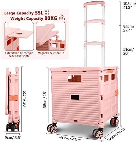Foldable Utility Cart Collapsible Portable Crate Rolling Carts with Wheels Tote Basket with Magnetic Lid Telescopic Cover Wear-Resistant 360°Rotate Wheel Noiseless for Shopping Storage Office Use - Image 7