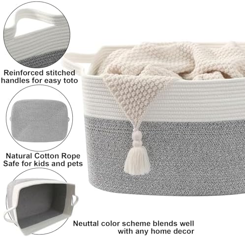 65L Laundry Basket with Handles, Woven Blanket Basket, White/Grey - Image 3