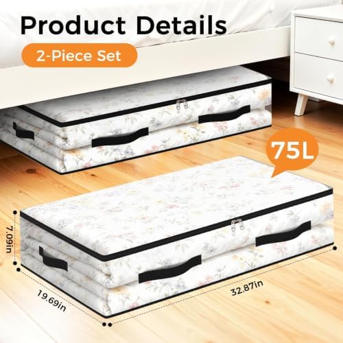 2 Pack Under Bed Storage Bags, 75L Foldable Clear Containers with Handles - Image 2