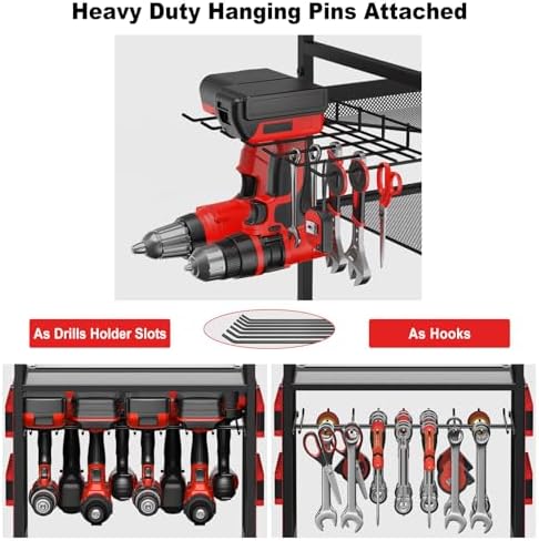 JUNNUJ Garage Large Power Tool Organizer Cart with 20A Charing Station, Heavy Duty Drill and Tools Battery Holder Storage Rack, Floor Standing Rolling Tool Cart on Wheels, Red - Image 4