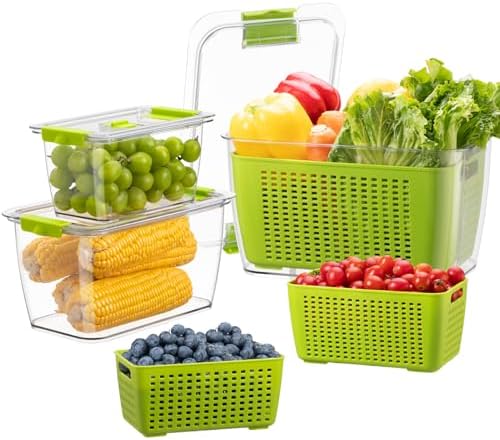 LUXEAR Fresh Container, 3PACK Produce Saver Container BPA Free Fridge Organizer for Vegetable Fruit and Salad Partitioned Food Storage Container with Vents Stay Fresh Containers Not Dishwashers Safe by Luxear