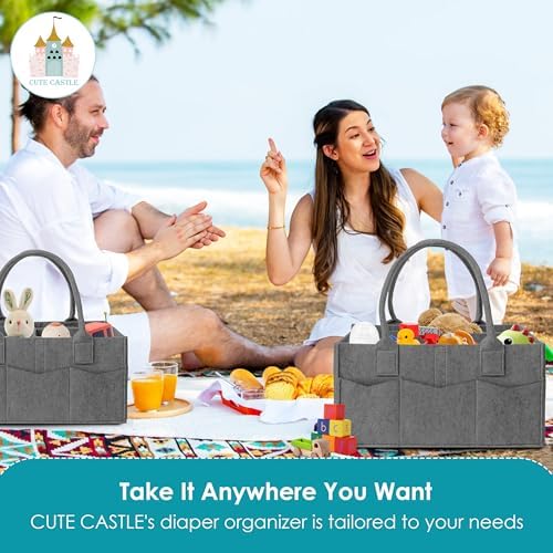 Cute Castle 2 Pack Diaper Caddy Organizer - Portable Baby Caddy Organizer with Handle, Nursery Storage Bin and Car Organizer for Girls, Boys - Baby Gift Basket - Dark Grey - Image 5