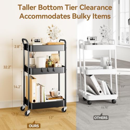 YASONIC 3-Tier Metal Rolling Cart Utility Carts with Wheels Black - Image 5