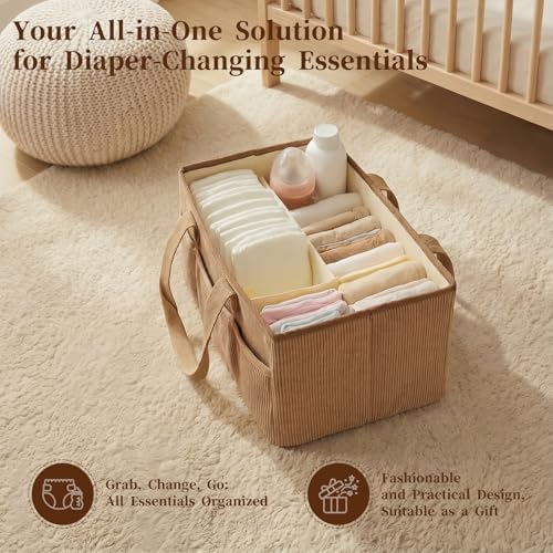 Baby Diaper Caddy Organizer with Portable Changing Mat-Portable Baby Organizers and Storage, Gift for Baby Shower, Corduroy Baby Essentials Organizer with Removable Dividers (Brown) - Image 3