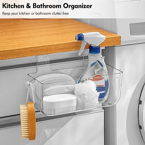 Poeland 2 Pack Over Cabinet Door Organizer, Plastic Storage Bin with 2 Hooks, Over Cabinet Holder for Kitchen, Pantry, Bathroom, Inside or Outside Door (Transparent) - Image 2