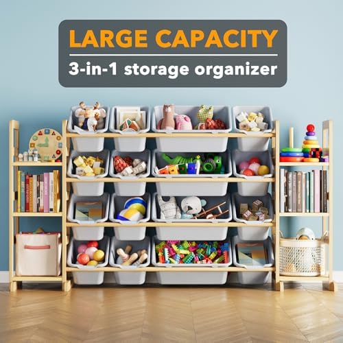 SpaceAid Toy Storage Organizer with 6 Shelves and 16 Bins, Toy Organizers Storage Bookshelf, Kids Bin Shelf Toys Box Bookcase for Bedroom Playroom Organization Room Decor, Neutral Gray - Image 3
