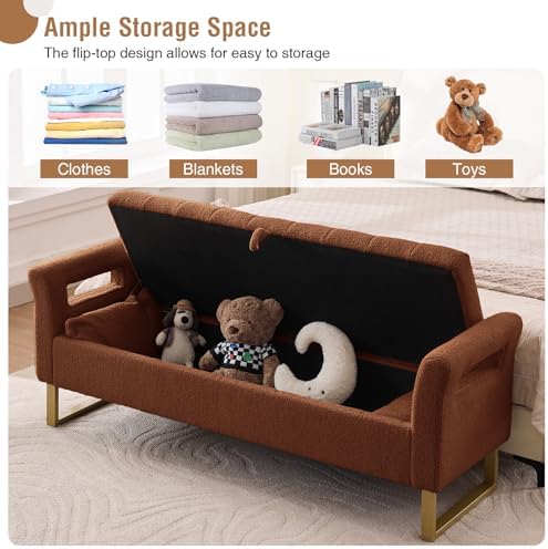 66" Storage Bench for Bedroom Upholstered End of Bed Bench King Size Brown - Image 3