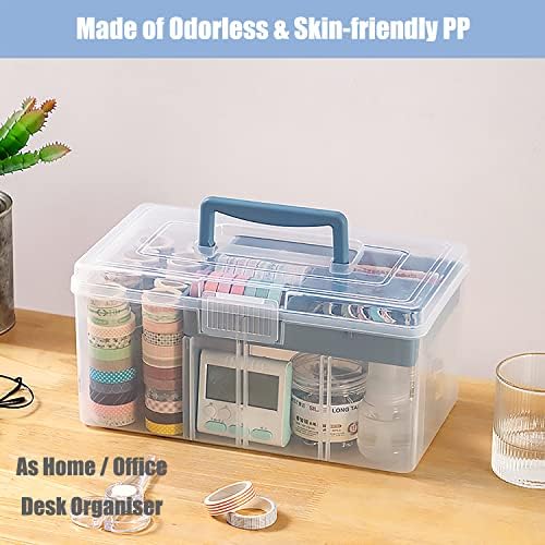 Clear Plastic Arts & Craft Supplies Organizer Box Large with a Removable Tray & A Partition & Handle, Office Home School Desktop Stationery Storage Box, Medicine Box (Clear & Ocean Blue) - Image 3
