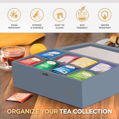 Tea Bag Organizer with Drawer - Gray Bamboo Tea Box Organizer, 8-Compartment Tea Storage Box with Acrylic Lid and Magnetic Closure, Tea Box for Kitchen Counter, Gifts for Mom, Wife, Tea Lovers (Grey) - Image 3