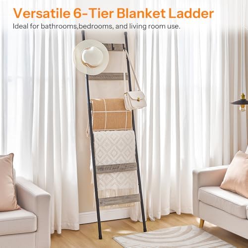 HOOBRO Blanket Ladder, 6-Tier Towel Rack with Hooks, Wall-Leaning Blanket Rack, Decorative Display Ladder Shelf, Scarves, Industrial, Living Room, Bedroom, Black and Greige BG66CJ01 - Image 4