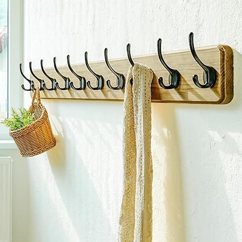 Dseap Coat Rack Wall: 38-1/4" Long, Patented, Heavy-Duty, 10-Double-Hooks Wooden Wall Mounted Coat Rack Coat Hanger Hook Rail for Winter Coats Hat Jacket Clothing, Weathered Brown - Image 5