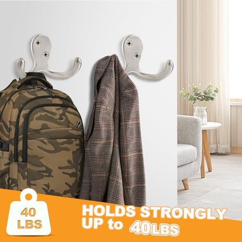 20 Pack Coat Hooks Wall Hooks for Hanging, Heavy Duty Double Prong Metal Hook Wall Mounted for Living Room, Bathroom, Kitchen, Bedroom for Coat, Bag, Scarf, Towel, Hat, Key, Cup (Silver) - Image 3