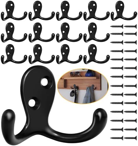 Homanu 14 Pack Black Coat Hooks Wall Mounted Double Prong with 28 Screws by Homanu