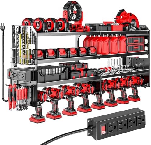 Large Power Tool Organizer Wall Mount with Charging Station, 4 Layer Heavy Duty Metal Cordless Tool Organizer, Tool Storage Rack with 8 Cordless Drill Holder Screwdriver Hammer(Black) by VeyFolzinst