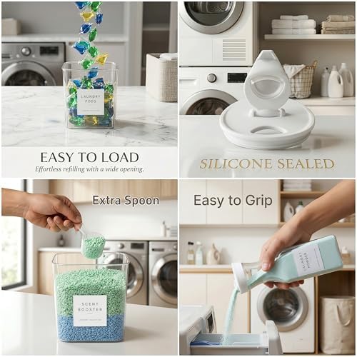 3+2 Pack Laundry Pods Containers & Dryer Sheet Holder & Laundry Detergent Dispenser, Laundry Room Organization and Storage Jars with Lids, Labels and Scoops for Scent Booster, Powder, Pods - Image 6