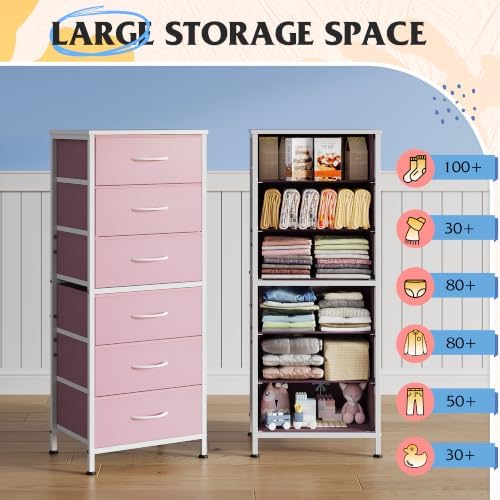 WLIVE Fabric Dresser for Bedroom, 6 Drawer Dressers Chest of Drawers, Pink - Image 5