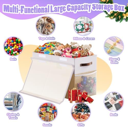 Large Toy Storage Box with Lid & Dividers, Kids Toy Chest, Beige and White - Image 3