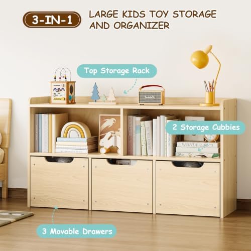 EXPERLAM Solid Wood Kids Toy Storage Organizer with 3 Drawers & 2 Cubes - Image 4