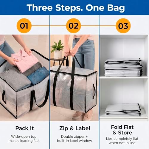 ClearSpace Heavy Duty Moving Bags - Water Resistant Storage Bags with Backpack Straps, Zippers and Handles - Large Moving Boxes for College Dorm, Travel, Closet Organization - 6 Pack, Clear - Image 6