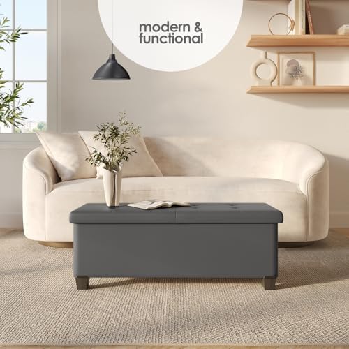 Storage Ottoman Bench with Bins, 43-in Storage Bench for Bedroom End of Bed, Folding Foot Rest Ottoman for Living Room Max 660lbs, Faux Leather Ottomans, Grey - Image 2