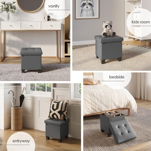 Storage Ottoman Cube with Small Bin, 15-in Square Ottoman with Storage for Living Room and Bedroom, Small Ottomans Foot Rest, Faux Leather Foot Stools Ottomans Max 330lbs, Grey - Image 5