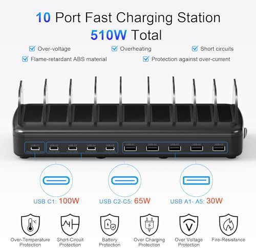 510W Charging Station for Multiple Devices, 10 Ports Charger Organizer - Image 3