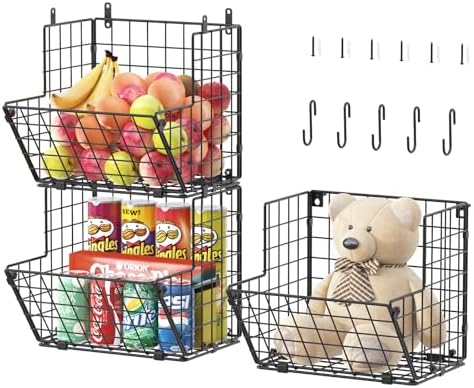 X-cosrack Metal Wire Basket Wall Mount, 3 Tier Wall Storage Organizer with 5 S Hooks, Kitchen Fruits and Vegetables Bin Toys Organizer Hanging Basket Black (S (10.83" L x 10.63" W x 30" H)) by X-cosrack