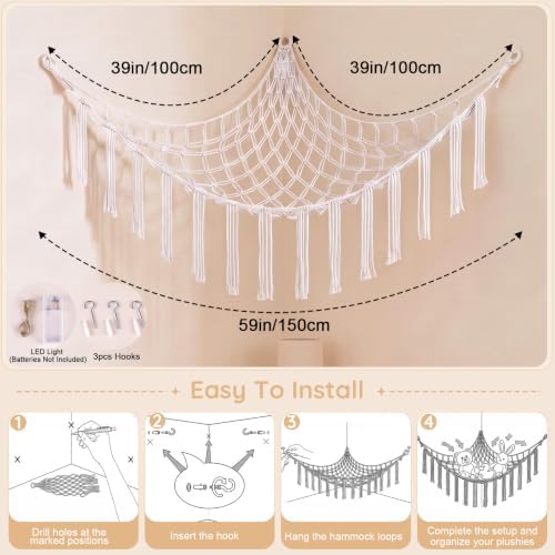 Basumee Stuffed Animals Hammock with LED Light Corner Net, Girls Room Decor - Image 6