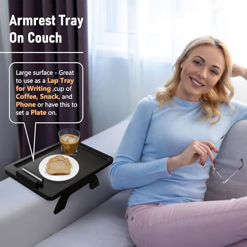 SINWANT Large Couch Armrest Table, 15.75"x 11.8" Bamboo Couch Arm Table with 360° Rotating Phone Holder,Foldable Anti-Slip Sofa Arm Tray for Snacks,Drinks,Remotes on Wide Armrest - Image 2