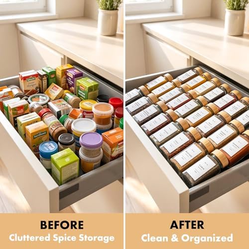 EDELHAUS Glass Spice Jars with Label, 36x Bamboo Wooden Lids - White Labels - Image 5