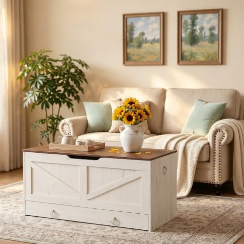 HOOBRO Storage Chest, 39.3" Toy Chest with Drawer, Wooden Storage Bench, Sturdy Entryway Bench Supports 330 lb, Safety Hinge, U-Shaped Opening, Easy Assembly, Cloud White and Walnut IH710CW01G2 - Image 5