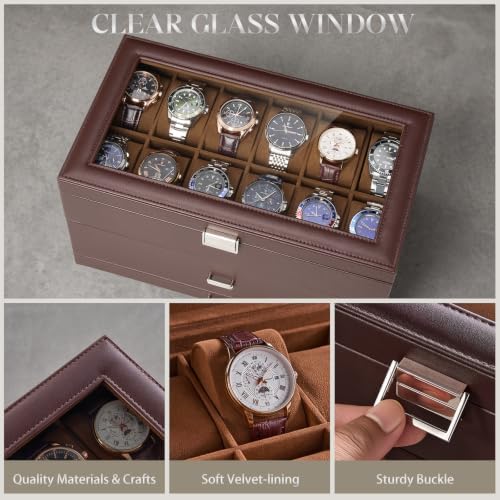 ProCase 3-Layer Watch Box with Glass Lid for Men, 24-Slot, Brown - Image 5