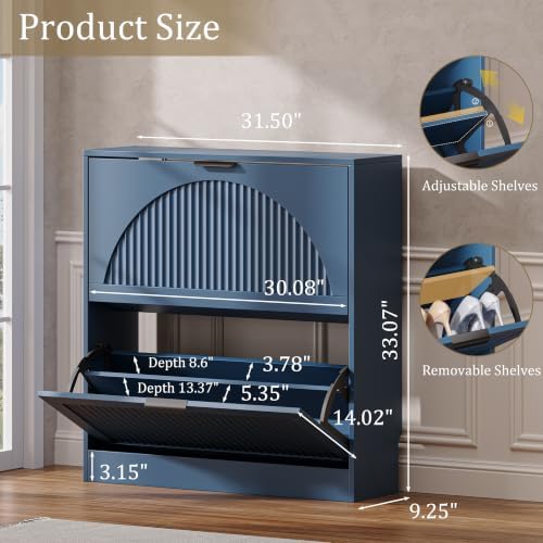 Fluted Shoe Storage Cabinet for Entryway, 2 Flip Drawers, Blue - Image 2
