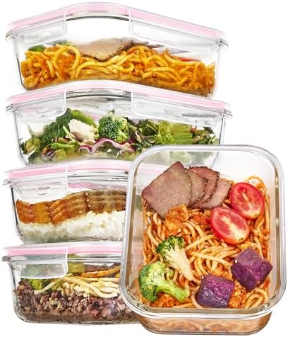 Vtopmart 5 Pack 35oz Glass Food Storage Containers with Lids, Pink by Vtopmart
