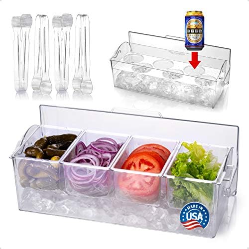 Pikanty Chilled Condiment Server Caddy with Ice Base - 4 Compartments and 4 Serving Tongs Included, Mimosa Bar, Taco Bar, Garnish Tray for Parties, Weddings, BBQs, Dishwasher Safe, Made in USA by Pikanty
