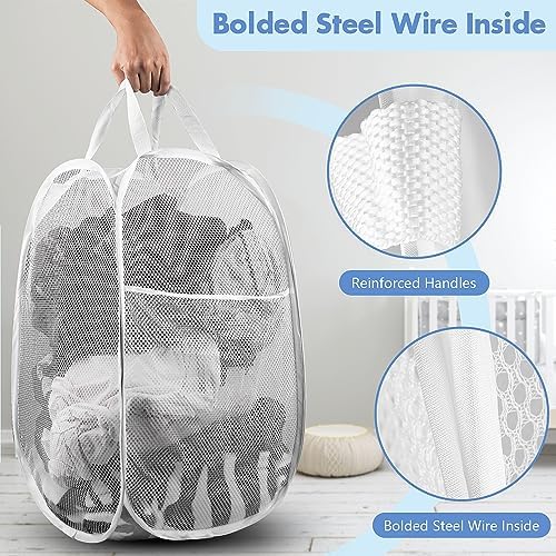 2 Pack Pop Up Laundry Hampers, 70 L Collapsible Foldable Mesh Basket, White - Image 3