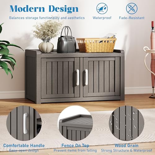2-Tier Storage Bench, Waterproof UV-Resistant Outdoor Shoe Storage Cabinet with 2 Doors & Adjustable Shelves for Indoor Outdoor Entryway, Hallway, Living Room (Grey) - Image 4