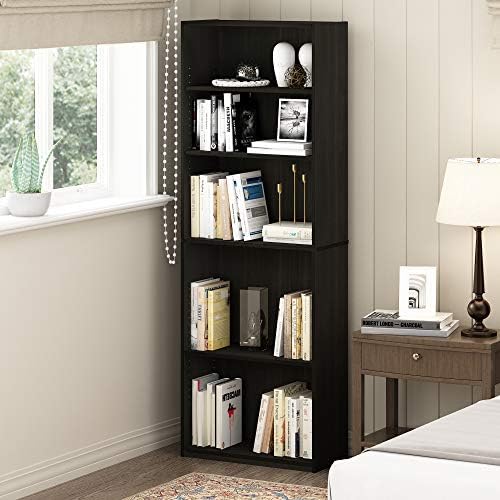 Furinno Jaya Book Shelf, 5-Tier Bookshelf, Tall Standing Bookcase with Adjustable Shelves, 9.5 x 24.5 x 71.2, for Living Room, Bedroom, Home Office, Black Espresso by Furinno-FitsYourSpaceFitsYourBudget