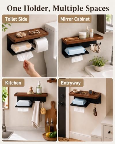 Toilet Paper Holder with Shelf, Wall Mount Walnut & Stainless Steel - Image 5