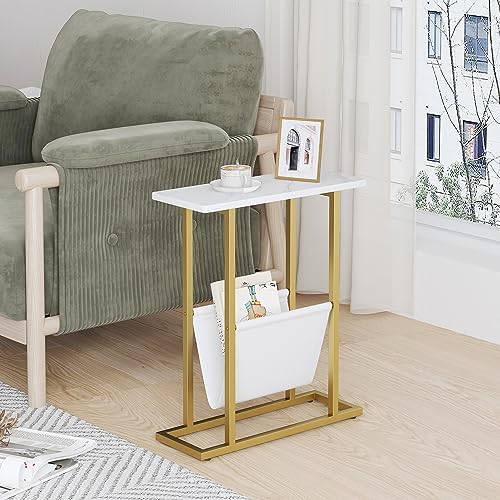 Yusong Small Narrow Side Table for Small Spaces, 17.7" W Slim End Table Magazine Table Nighstand with Storage Holder, Accent Skinny Snack Couch Bedside Table, Gold White, Complete Iron Pipes - Image 4