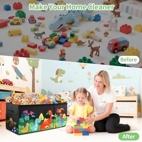 Extra Large Kids Toy Box, Foldable Toy Organizer with Dividers & Lids, 148L Dinosaur Storage Bin for Toddlers Boys Girls, Collapsible Chest for Toys, Books, Bedroom, Playroom, Nursery Black - Image 7