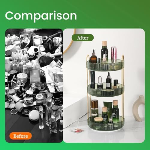 Aveniee Rotating Makeup Organizer for Vanity, Perfume Skin Care Organizers Large, Bathroom Counter Make Up Cosmetic Storage, Clear Spinning Skincare Lipstick Holder,3 Tiers, Green - Image 5